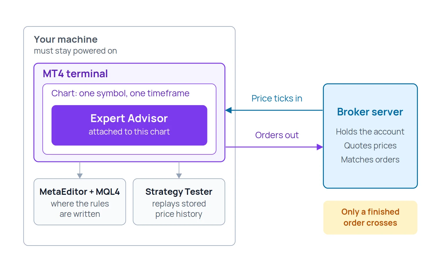 Diagram of MetaTrader 4's automation chain showing an Expert Advisor attached to a chart inside the MT4 terminal on the trader's own machine, with price ticks arriving from the broker server and orders going back out, plus MetaEditor and the Strategy Tester as side paths.