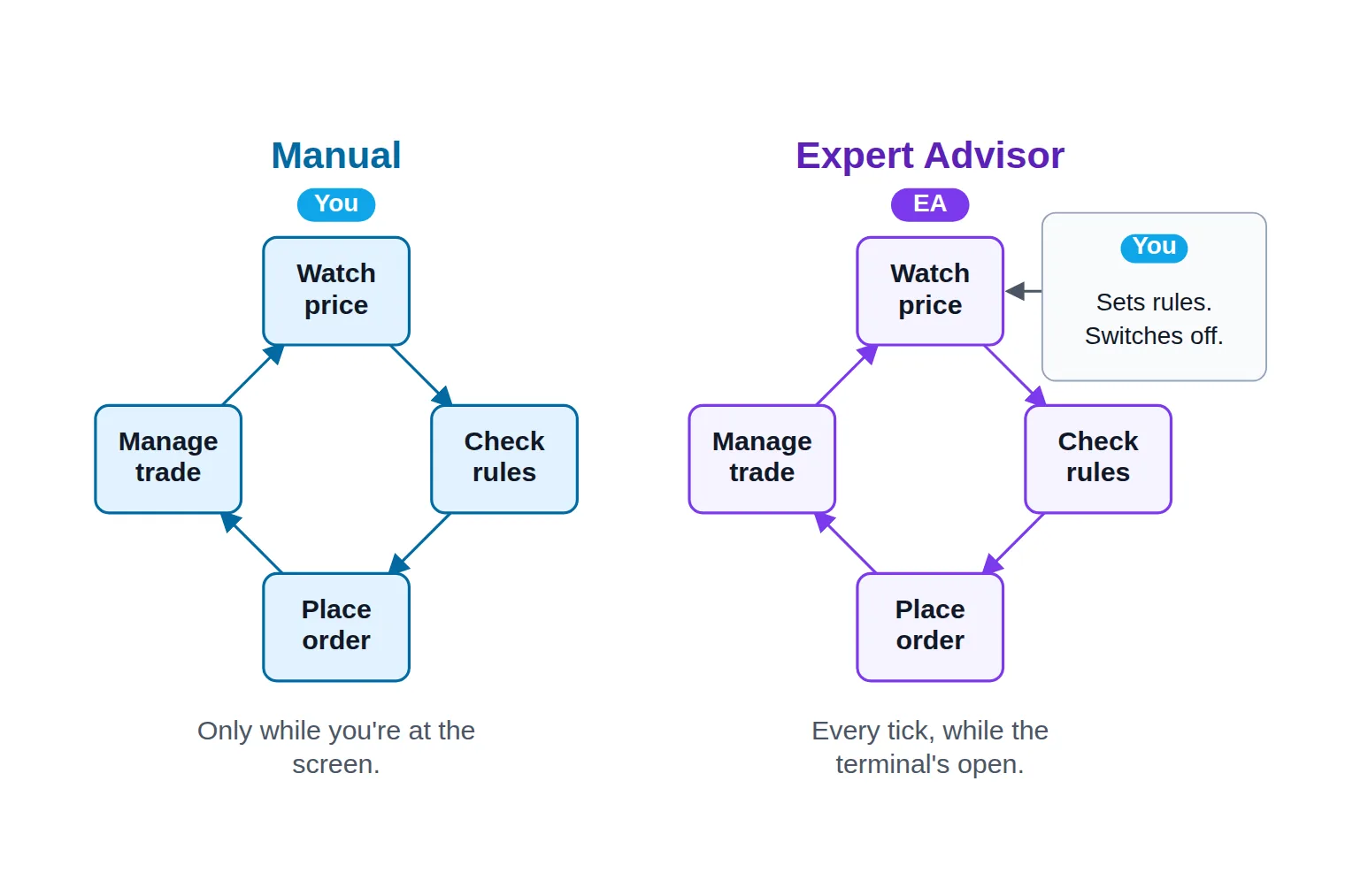 Two circular diagrams side by side showing the same four trading steps, labelled 'You' in the manual loop and 'EA' in the Expert Advisor loop, with the trader moved outside the automated loop as the person who sets the rules.