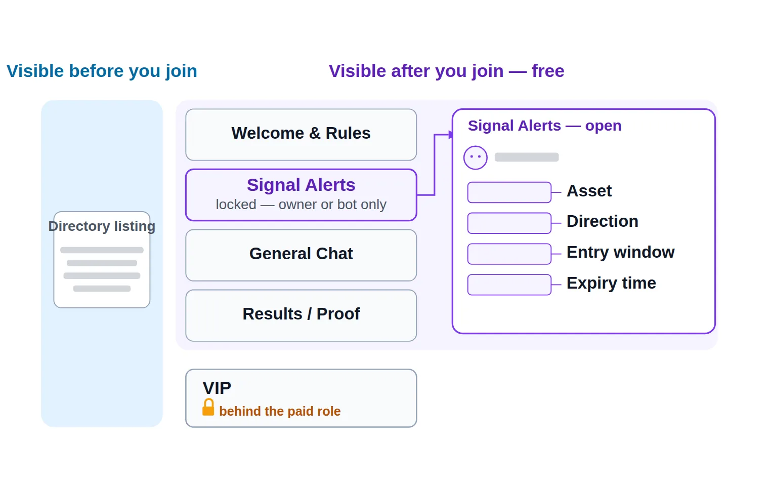 Diagram of a chat server's room list - welcome, a locked alerts feed, general chat, results and a paid VIP room - with the parts of one signal alert labelled and bands marking what is visible before and after joining.
