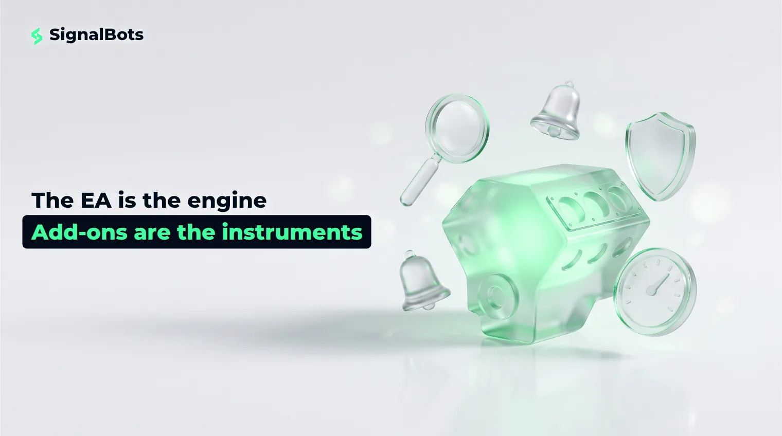 A glass engine block glowing green, surrounded by four small glass instruments — a magnifier, a bell, a shield and a dial gauge — on a near-white studio surface.