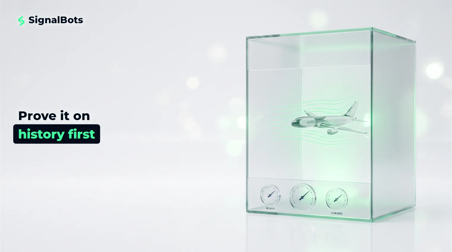 A glass model aircraft suspended inside a sealed glass wind-tunnel chamber with green airflow streamlines around it.