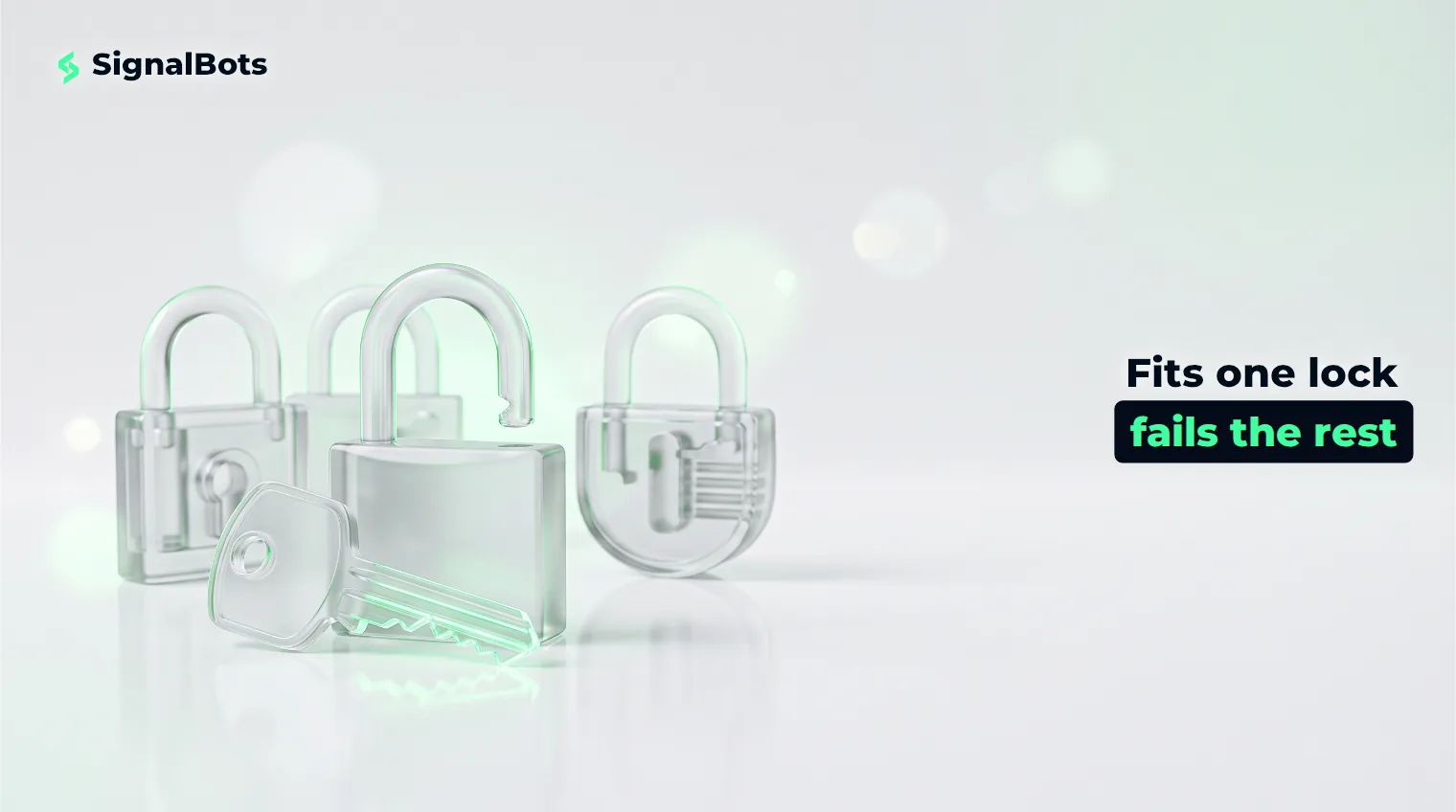 A glass key beside the single glass lock it fits, with three mismatched glass locks unlit behind it.