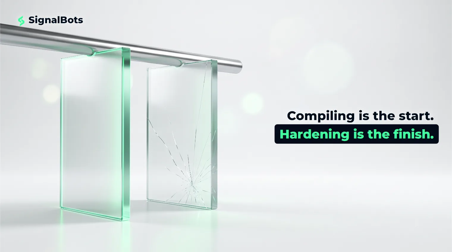 Two identical glass slabs under the same load — one intact and lit green, the other cracking with hairline fractures.