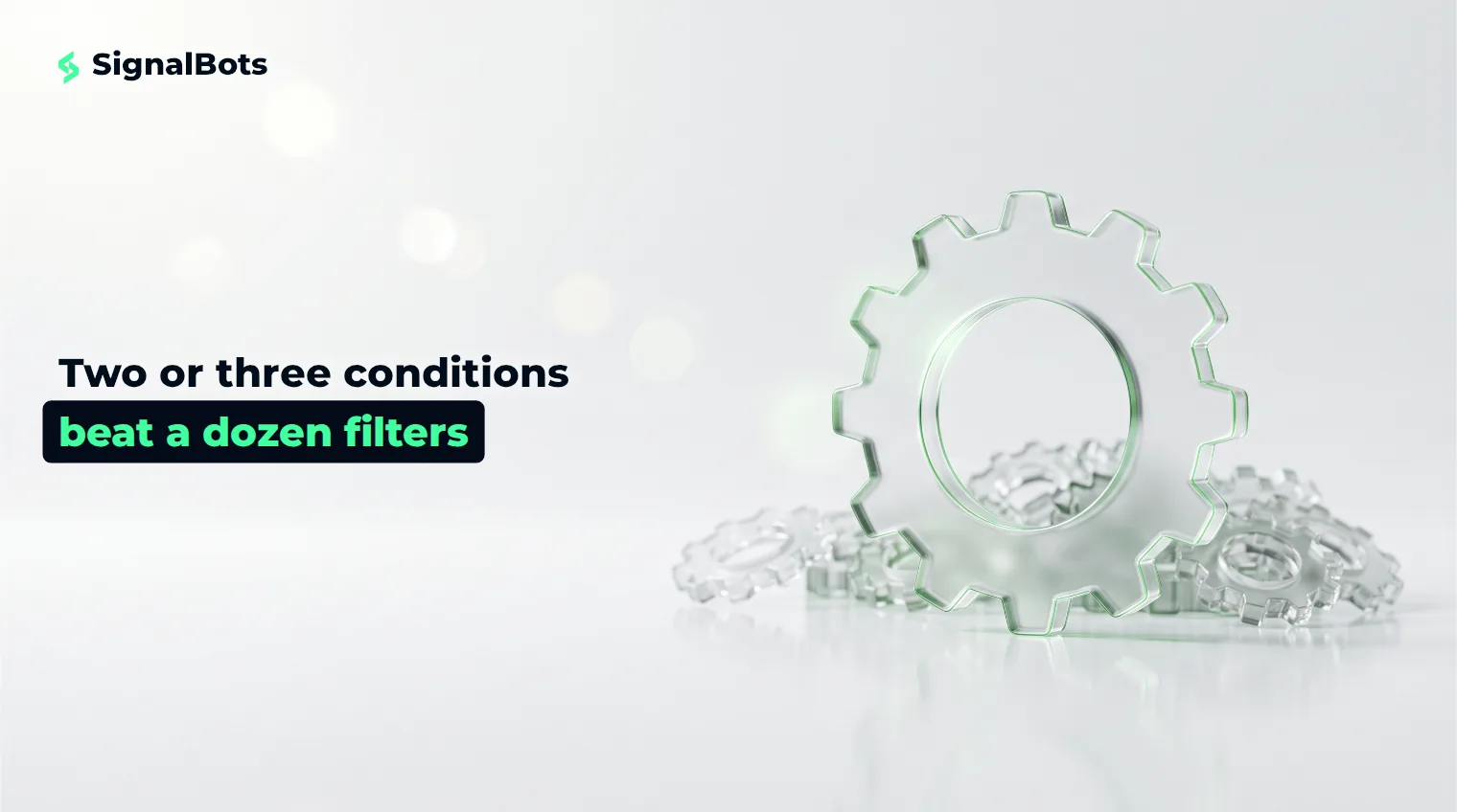 A single clear glass gear turning cleanly beside a jammed heap of small mismatched gears on a pale studio surface.