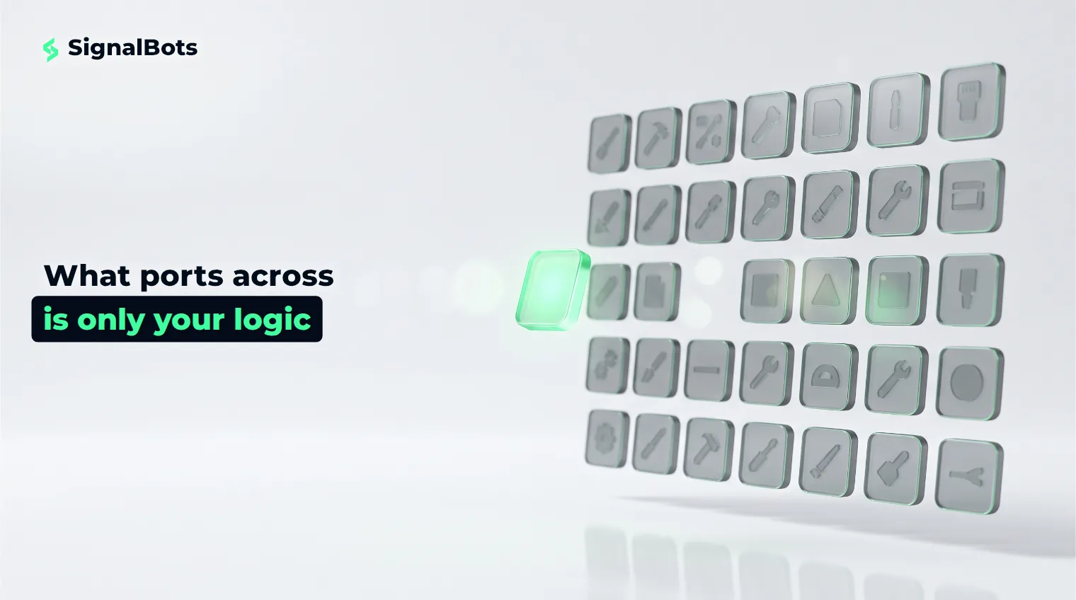 One glowing glass module drifting away from a grid of dim, inert glass modules, illustrating what does and does not move with you when you change platform.