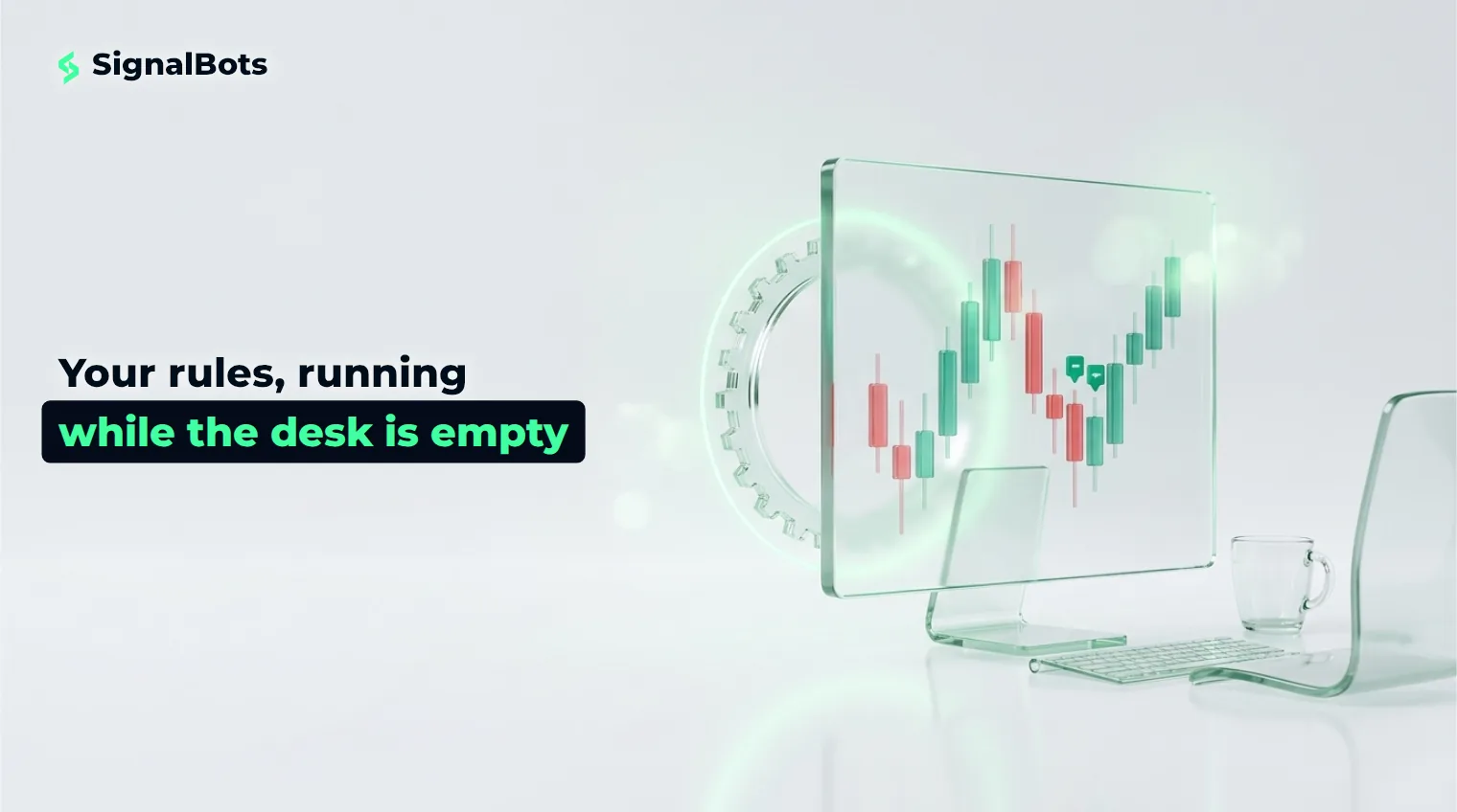 An empty desk with a glass panel showing a glowing candlestick chart and a turning gear, suggesting a trading strategy running with nobody present.
