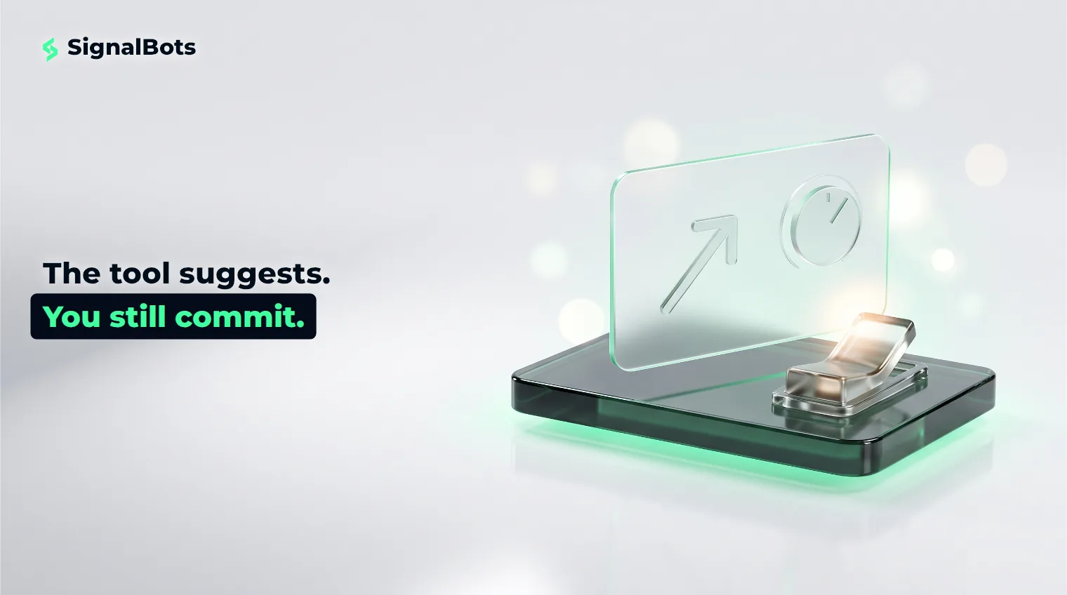 A dark glass trading console with a floating suggestion card on one side and a separate, untouched physical toggle switch in front of it.