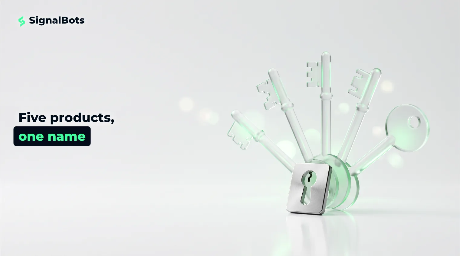 Five differently shaped glass keys standing beside a single lock plate with one keyhole.