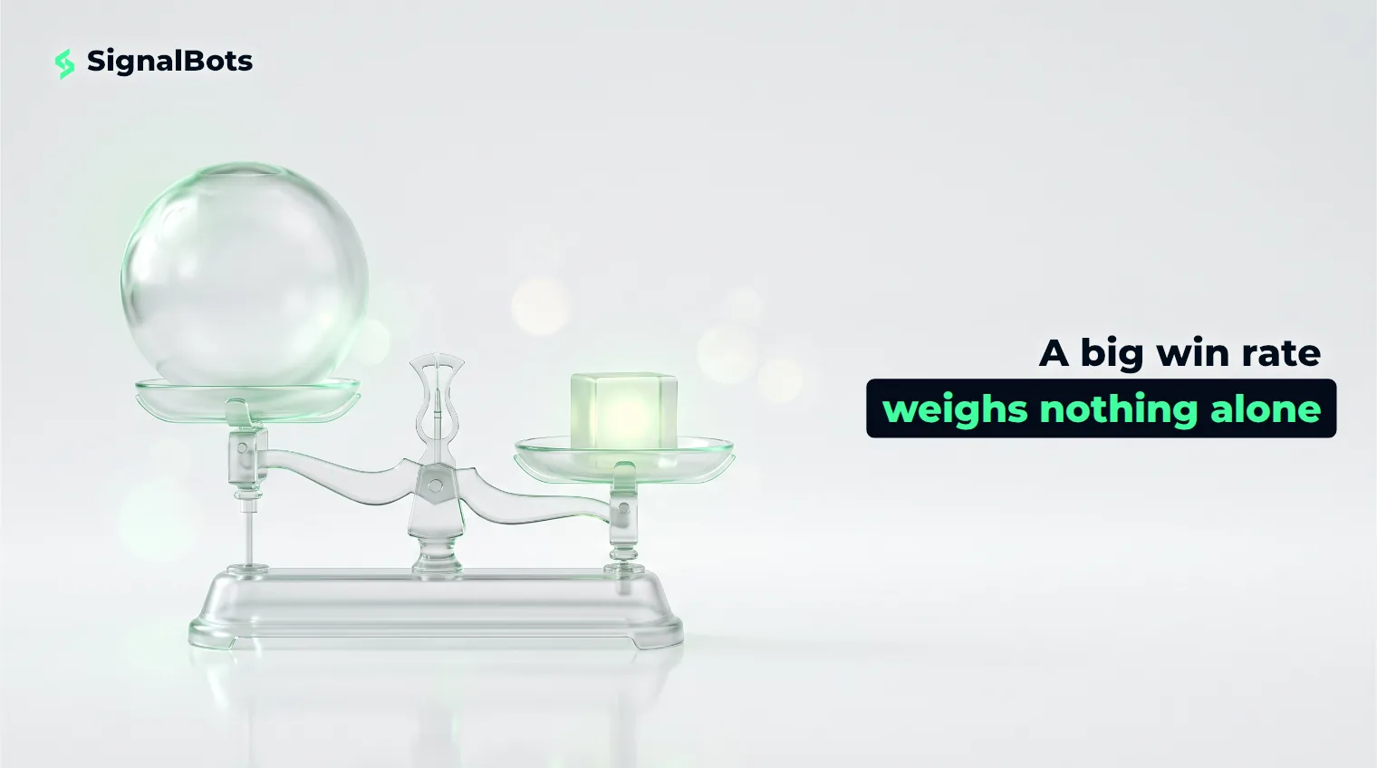A glass balance scale where a small dense green-lit cube outweighs a much larger hollow glass sphere.