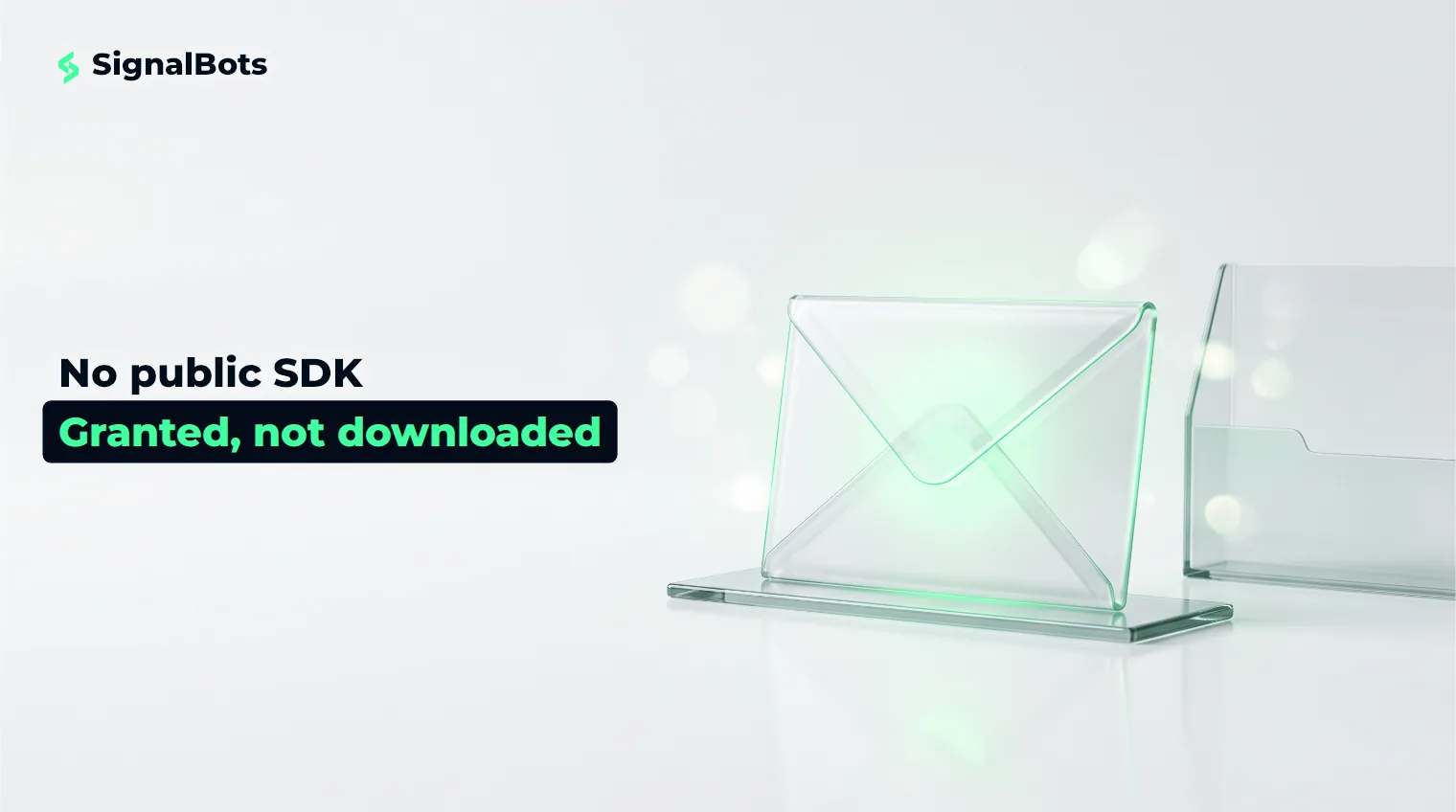 A sealed glass envelope glowing green beside an empty glass document shelf on a pale studio surface.