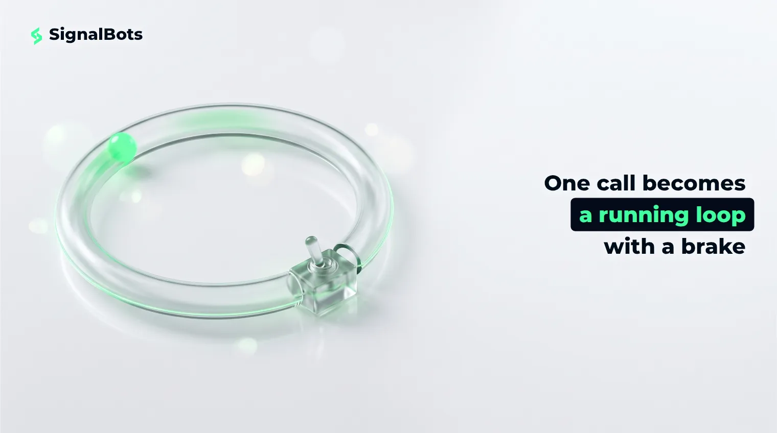 A closed glass loop with a green light travelling around it and a glass toggle switch wired into its edge.