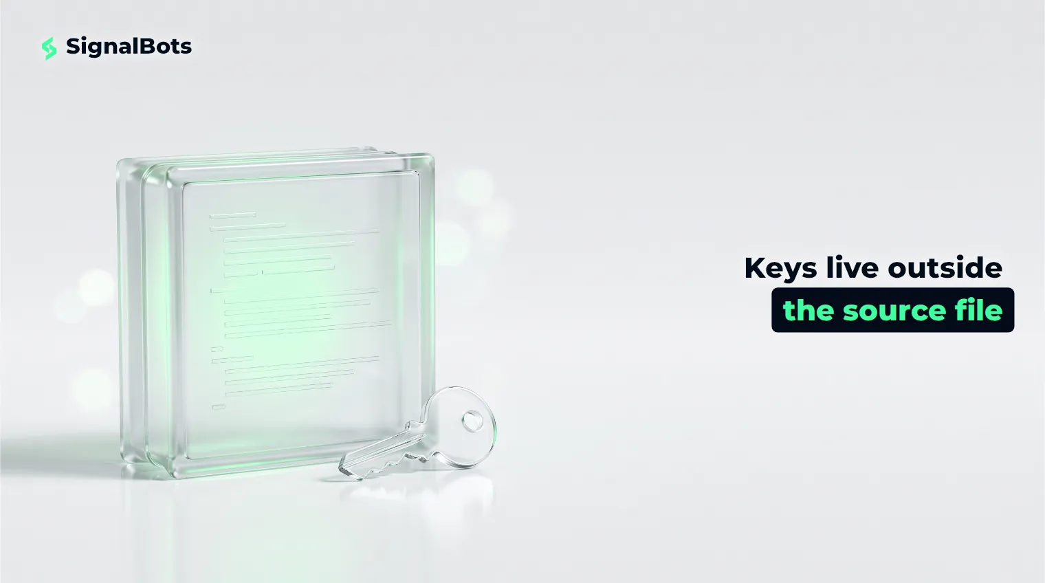 A sealed glass block etched with code-like lines, with a small glass key resting on the surface outside it.
