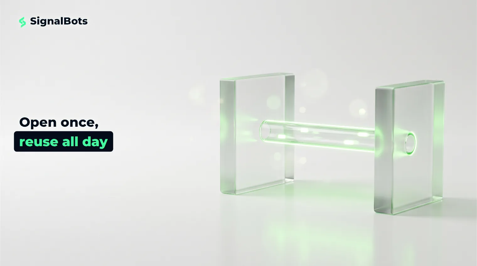 Two frosted glass blocks joined by a single unbroken green-lit glass tube, with small light pulses travelling inside it in both directions at once.