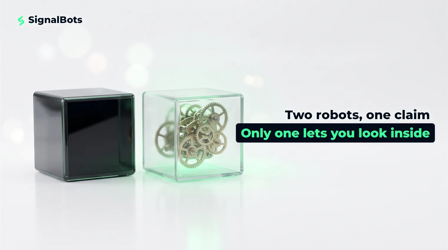 Two identical glass cubes on a pale surface: one sealed and opaque, the other transparent with its internal gear mechanism visible and softly lit green.