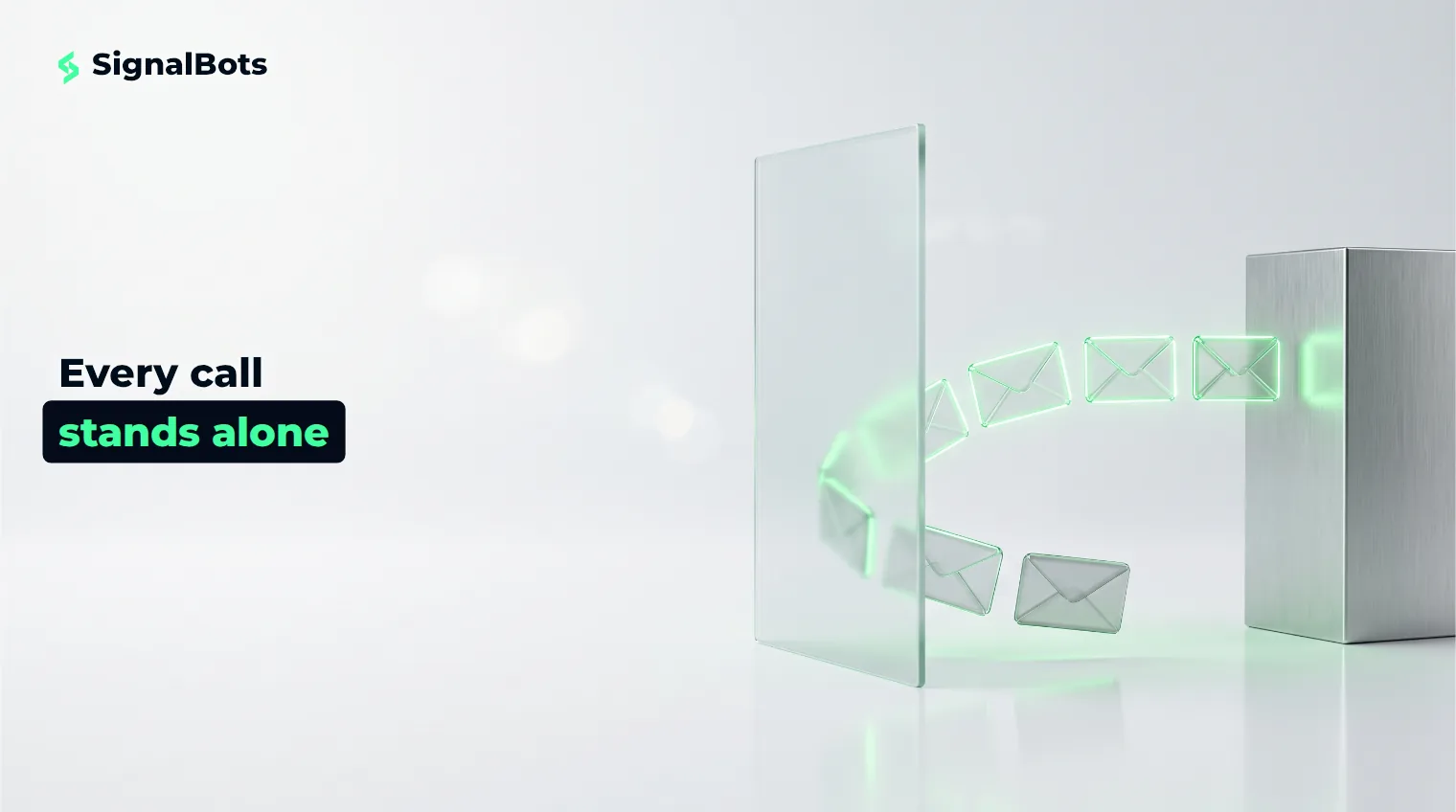 Discrete sealed glass envelopes travelling one by one from a glass panel to a metal server block and back, with clear gaps between them.