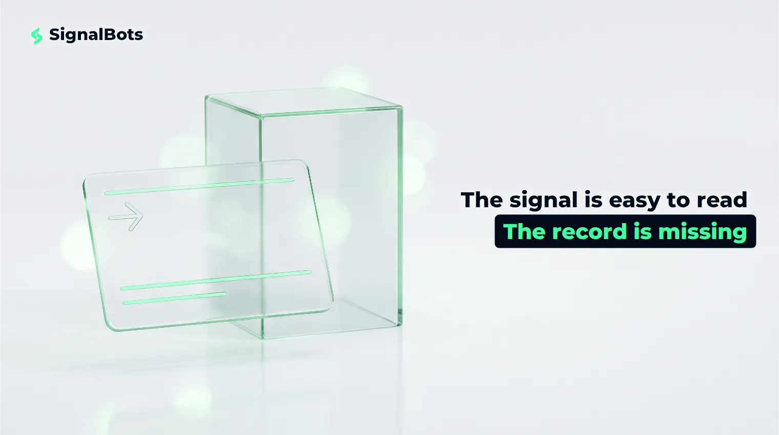 A glass card etched with a trade direction and two price levels beside an empty display plinth, standing for a signal published without any performance record.