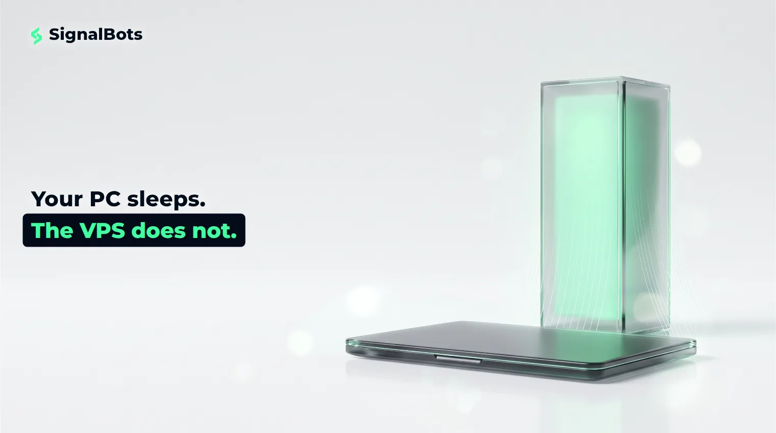 A dark, closed glass laptop beside an upright glowing glass server form on a near-white surface, suggesting trading activity moving from a personal computer to an always-on host.