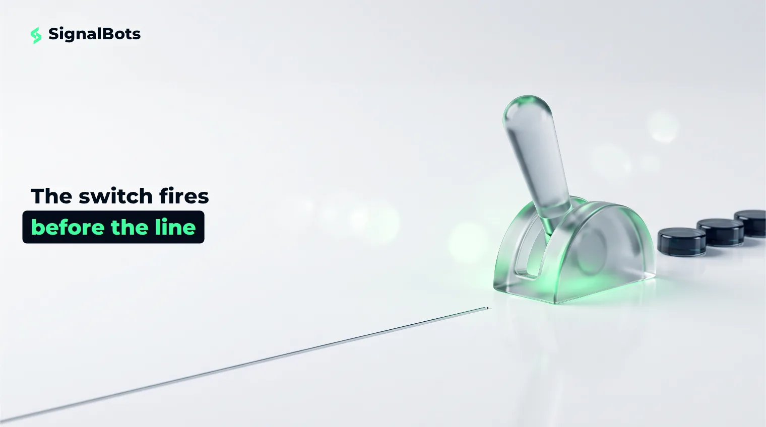 A glass toggle switch caught mid-throw on a pale surface, glowing green, a short distance from a thin engraved line.