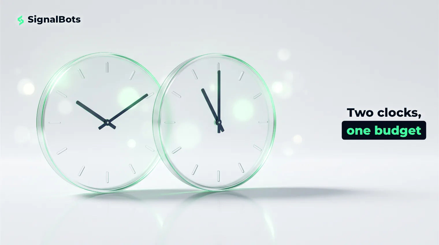 Two frosted glass clock faces side by side on a pale surface, their hands set an hour apart.