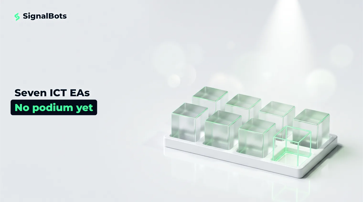 Seven identical low glass blocks stand in a row beside an empty spotlight where a winner's podium step would be.