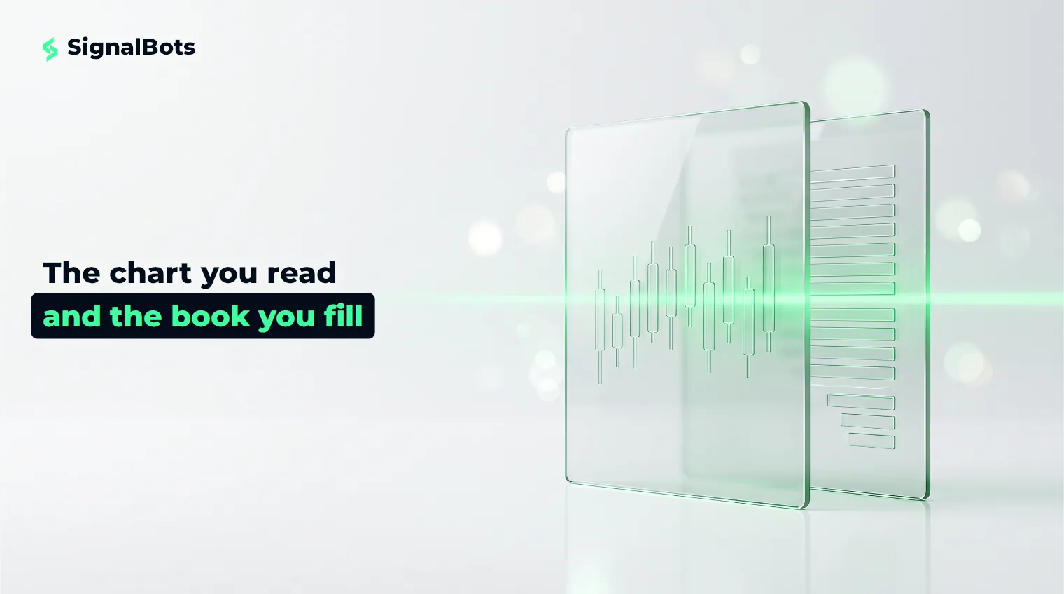 Two aligned glass panes, one etched with candlesticks and one with order-book bars, joined by a single green beam of light.