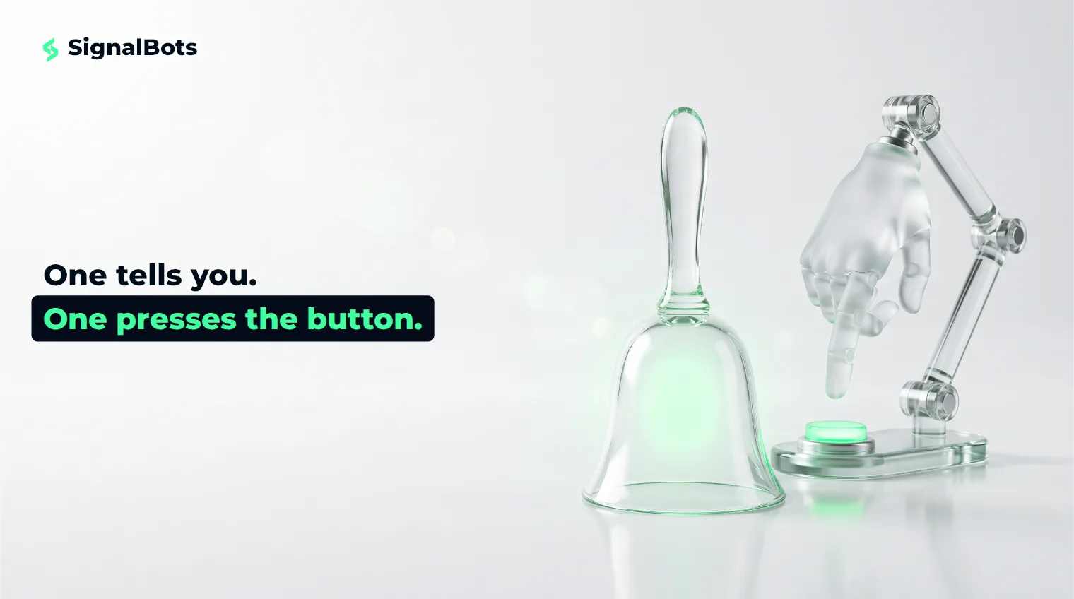 A clear glass hand-bell standing in front of a frosted mechanical finger that hovers over a small glowing button on a polished studio surface.