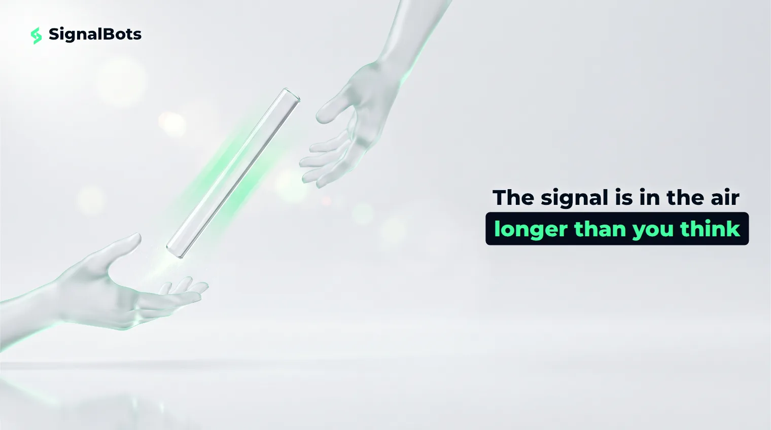 A glass baton suspended in mid-handoff between two frosted glass hands, trailing a soft green streak of motion.