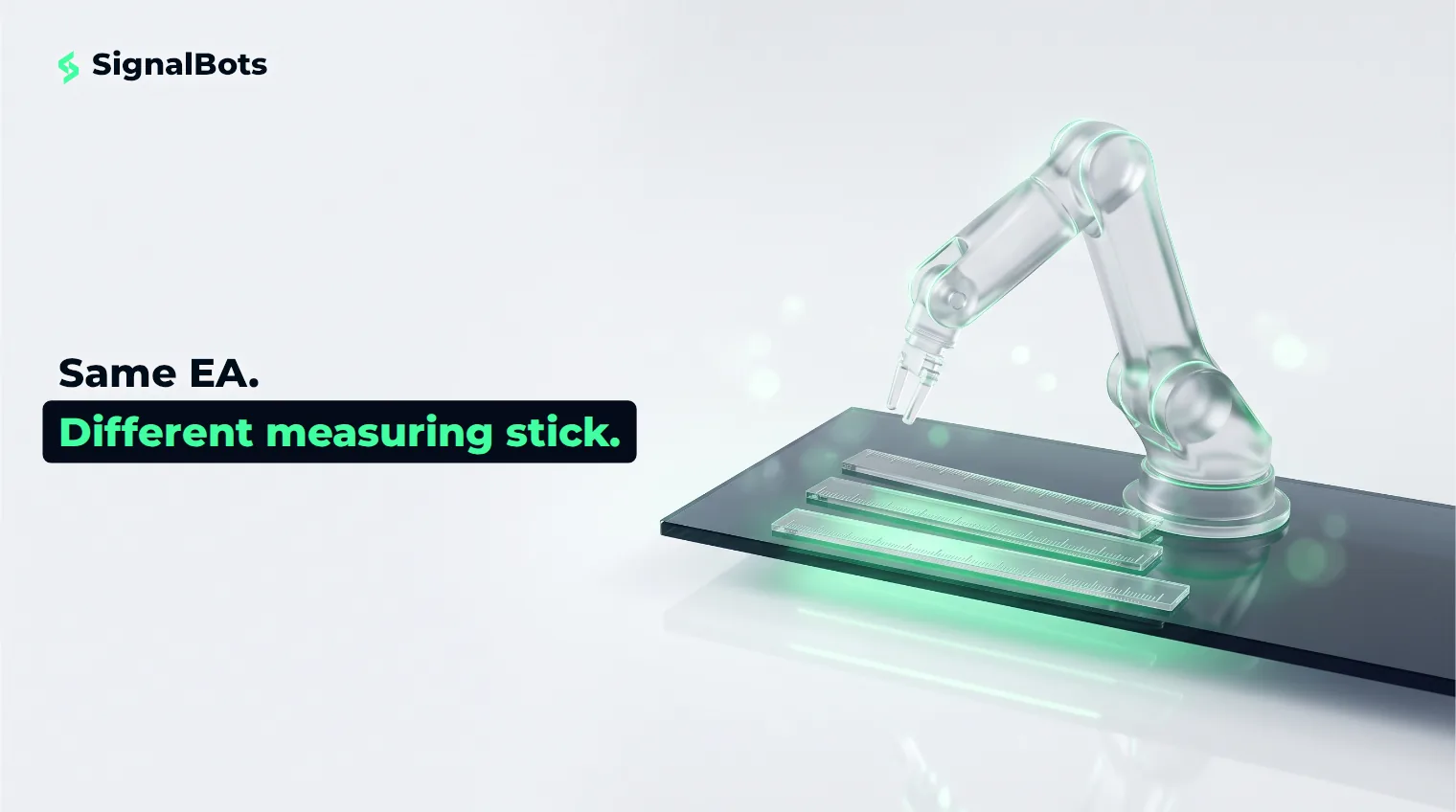 A glass robotic trading arm above three transparent rulers of different scales, lit with a green glow on a near-white studio background.