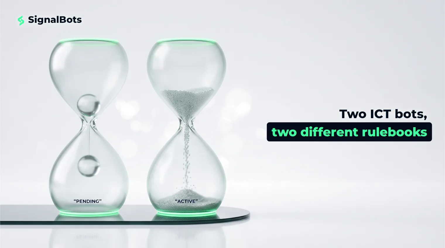 Two glass hourglasses side by side, one nearly still and one flowing fast, glowing green on a near-white background.