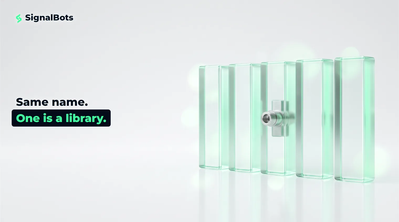 Five identical glass blocks standing in a row, only one of which contains a small metal connector.