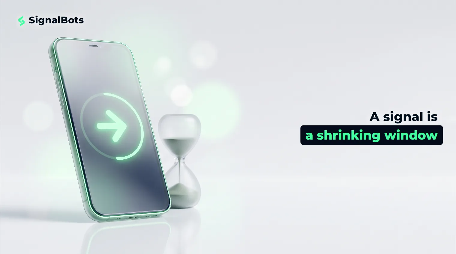 A glowing smartphone showing a directional trade alert inside a countdown ring, beside a frosted-glass hourglass, on a pale studio background.