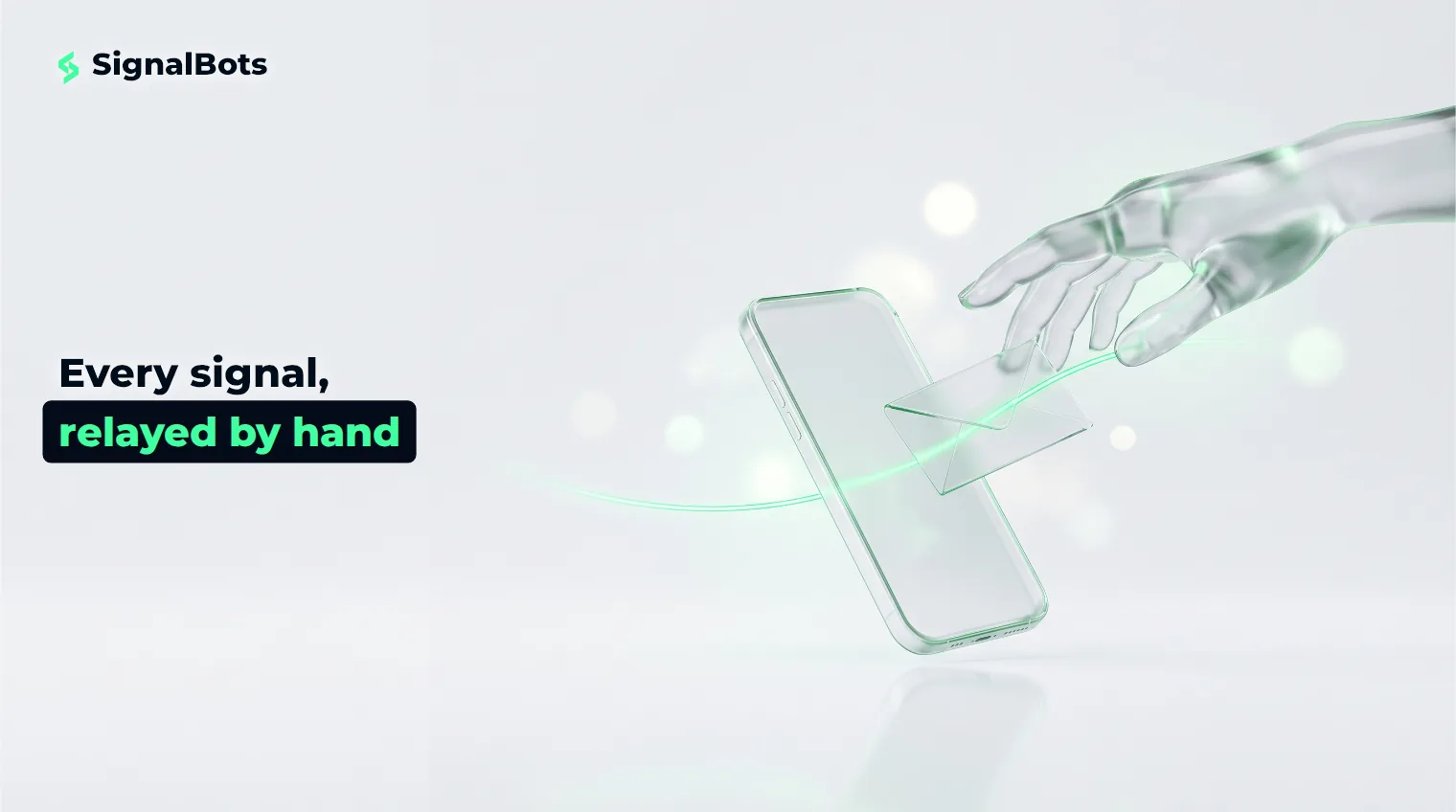A glass illustration of a hand passing a folded note across a gap toward a smartphone, symbolizing manual, human-relayed signal delivery.