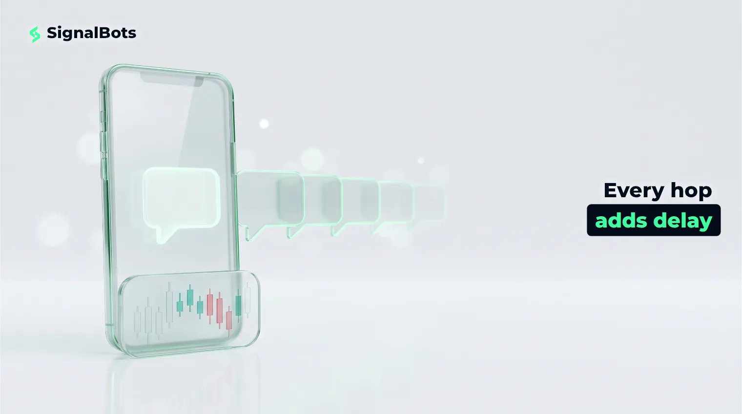 A glowing glass smartphone with a fading trail of translucent message icons receding behind it, representing an SMS trading signal ageing as it passes through each delivery hop.