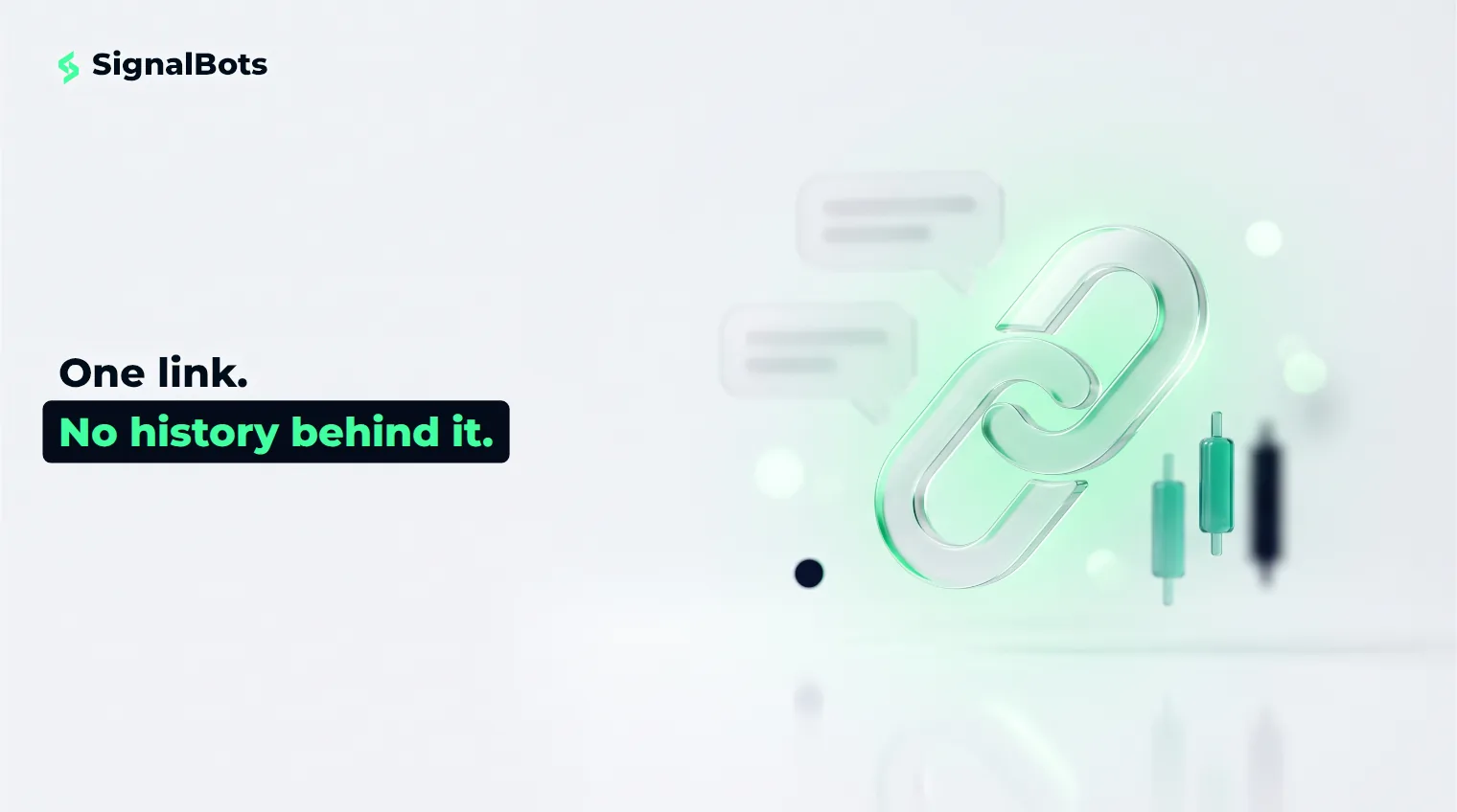 A glowing glass chat-link icon with faint blurred message bubbles trailing behind it into shadow, symbolizing an invite link that carries no visible history.