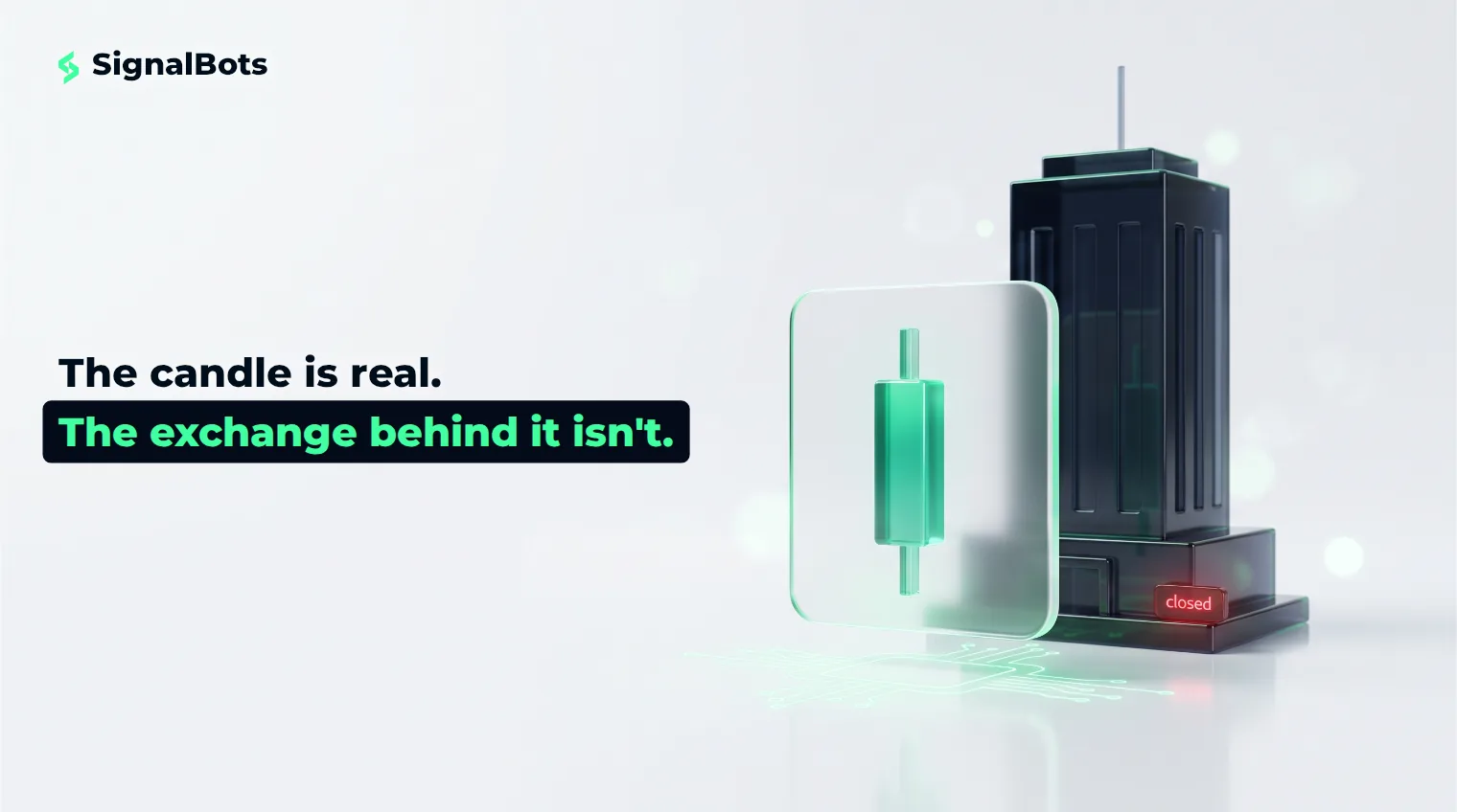 A glowing green candlestick chart floating alone on the right, disconnected from a dark, unlit exchange tower behind it, illustrating that a weekend OTC stock price has no real exchange print behind it.