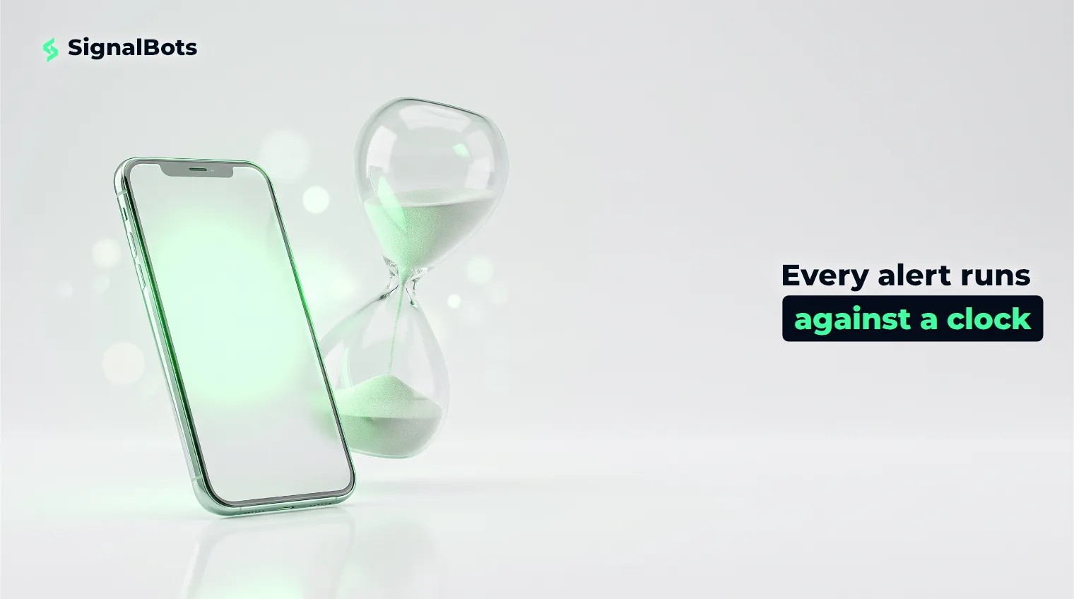 A glowing smartphone beside an hourglass mid-pour, illustrating a trading alert racing against a fixed expiry clock.