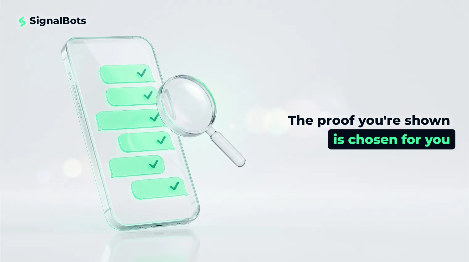 A smartphone displaying a chat full of green checkmark result bubbles, with a magnifying glass hovering beside it to suggest scrutiny.