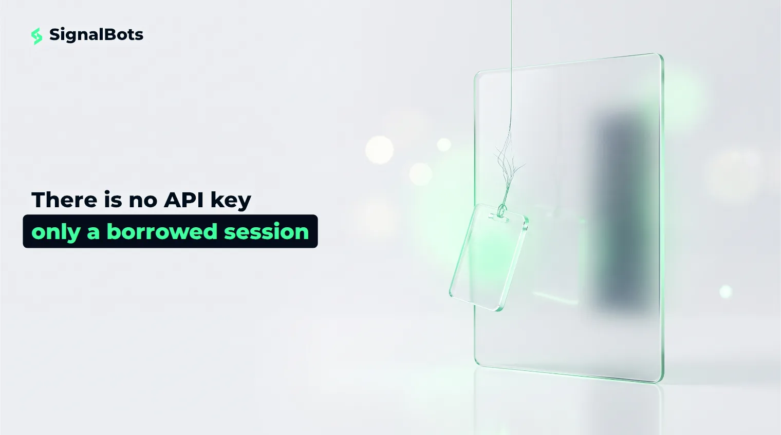 A smooth frosted-glass panel with no keyhole beside a small glowing glass access badge hanging from a fraying thread.