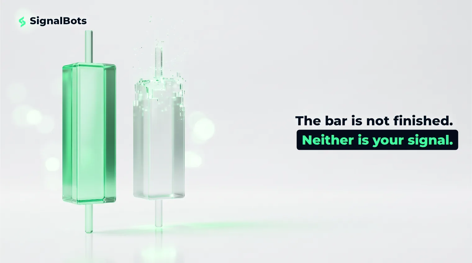 Two glass candlestick bars — rectangular body and wick — on a pale surface: one solid green and finished, the other still dissolving into light as it forms.