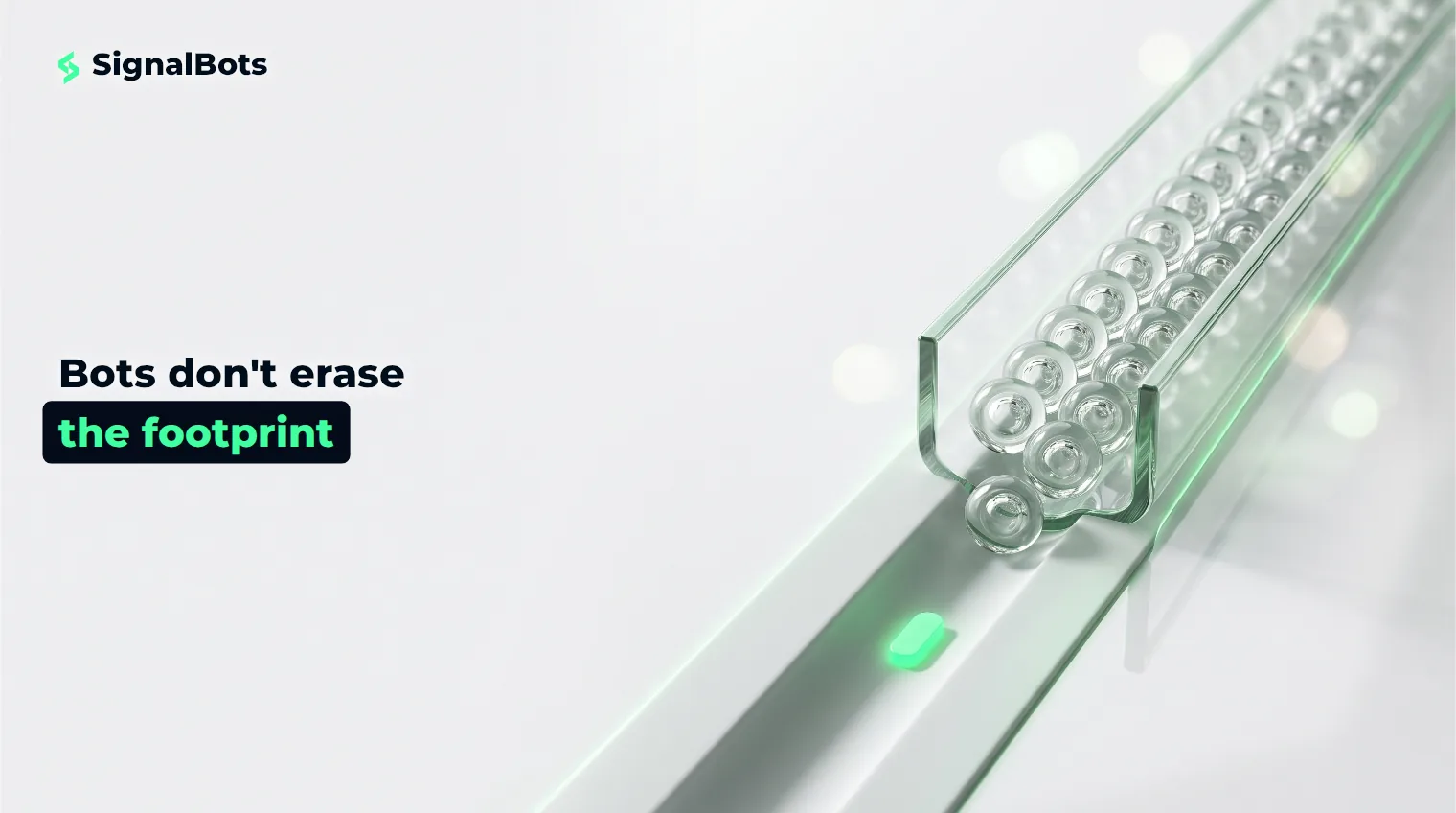 Identical glass beads streaming along a channel and pressing a uniform deepening groove into the surface beneath, with one green marker at the deepest point.