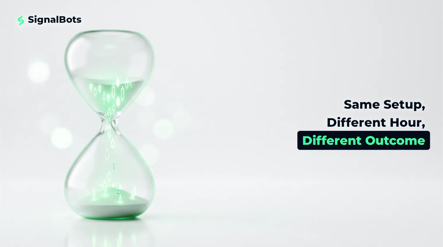 A glowing glass hourglass pours candlestick-shaped sand on the left of the frame, with calm negative space on the right for text about how the hour of day changes a binary trade's outcome.