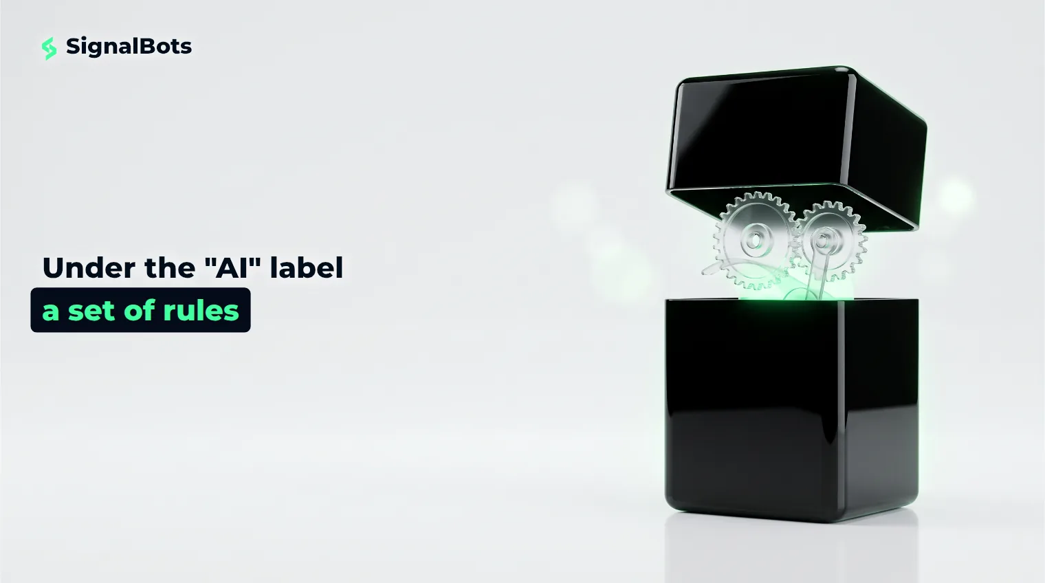 A glossy black glass case with its lid lifted to reveal a small transparent glass gear train and lever glowing green underneath.