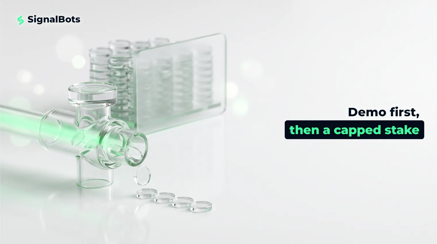A transparent glass valve letting a few small glass discs through one at a time while a much larger stack stays behind a closed gate.