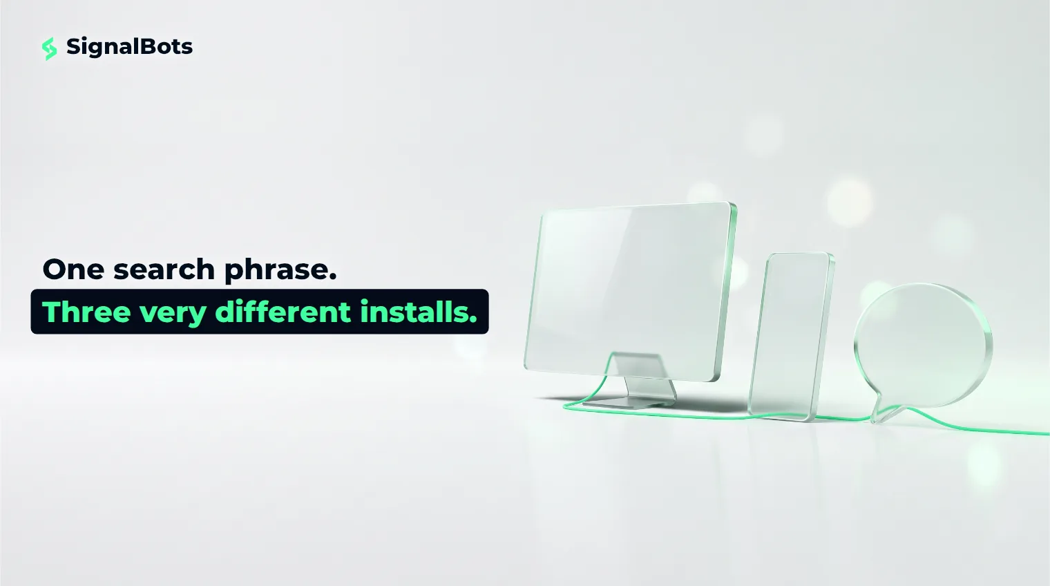 Three glass forms in a row on a pale surface — a monitor shape, a phone shape and a speech bubble — each casting a progressively lighter shadow.