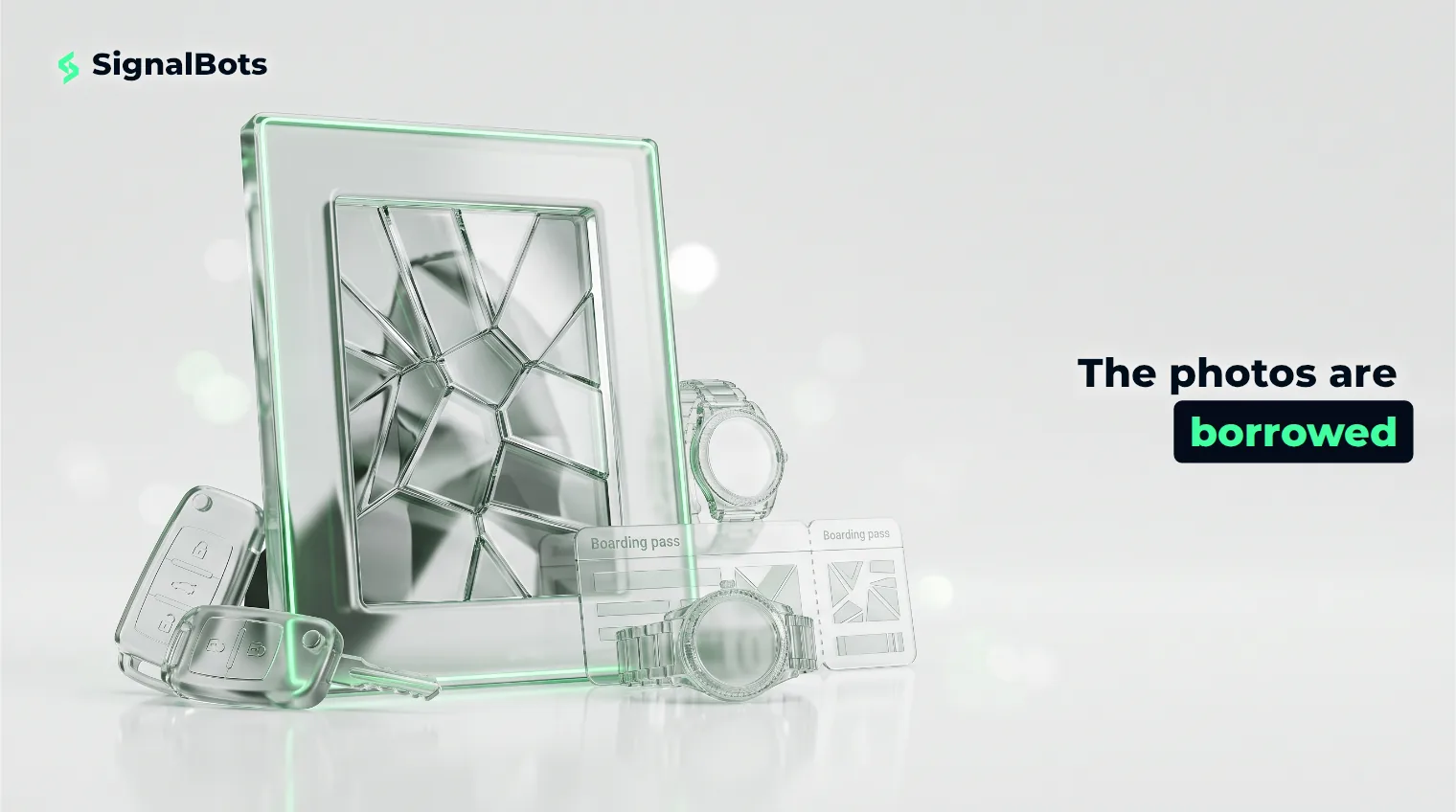 A glass picture frame holding a fractured, mismatched reflection surrounded by staged wealth props — a car key and a watch — evoking a borrowed trading-lifestyle identity.