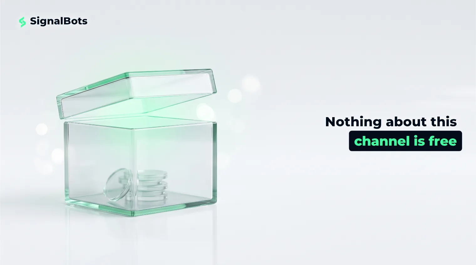 A glass gift box with its lid lifted, glowing green from inside where a small stack of coins is visible, symbolizing the hidden cost behind a free signal channel.