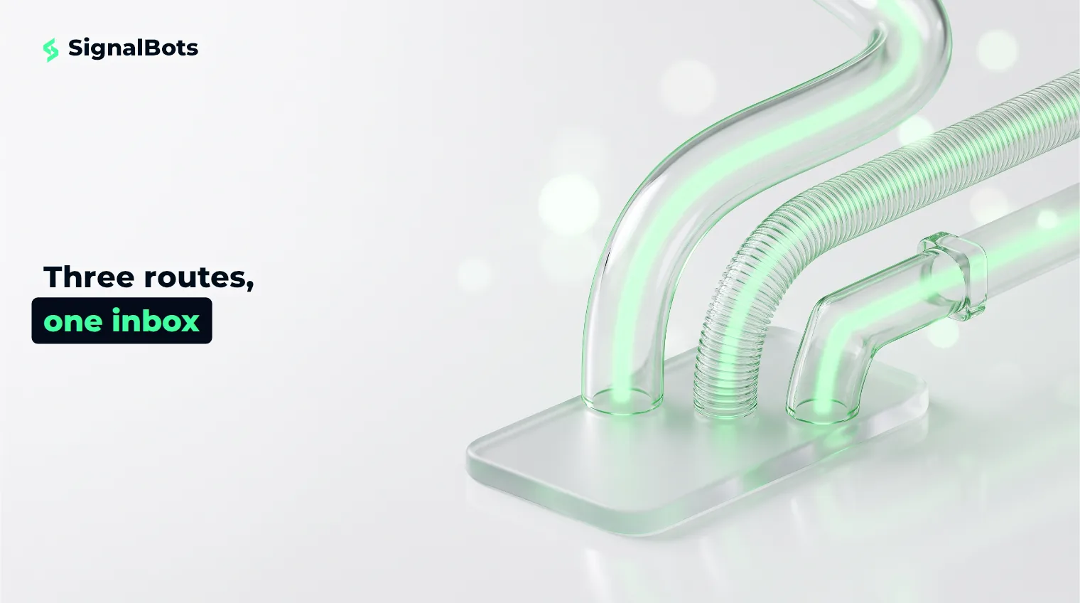 Three glass conduits of different shapes converging into a single frosted glass slab, lit with a green glow, on a near-white surface.