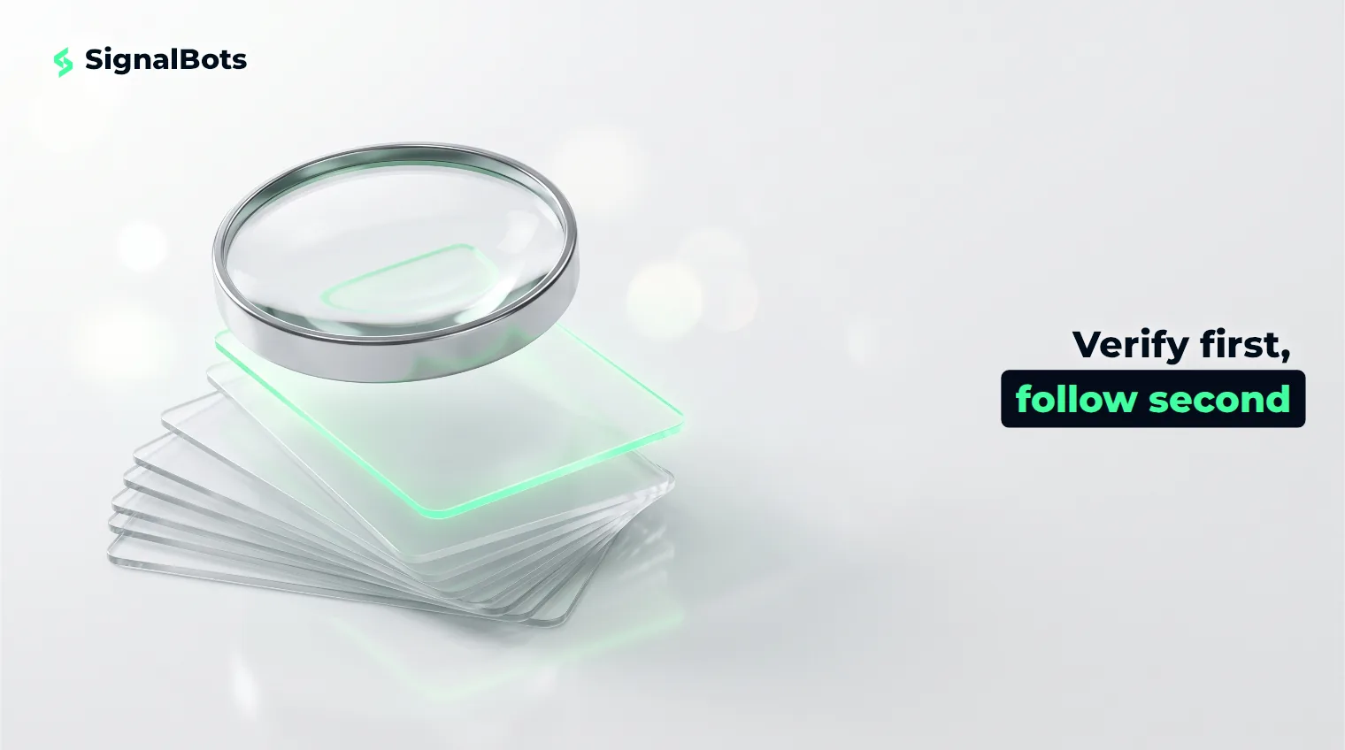 A glass magnifier hovering over a fan of translucent blank cards, with the single card beneath the lens glowing green.