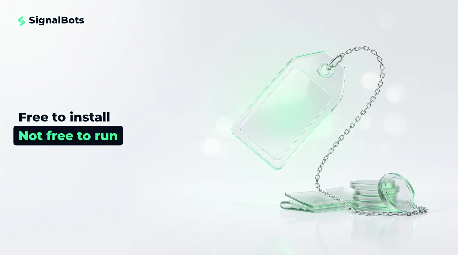 A blank glass price tag floating above a fine chain that anchors it to glass coins and a deposit slip, on a near-white background.