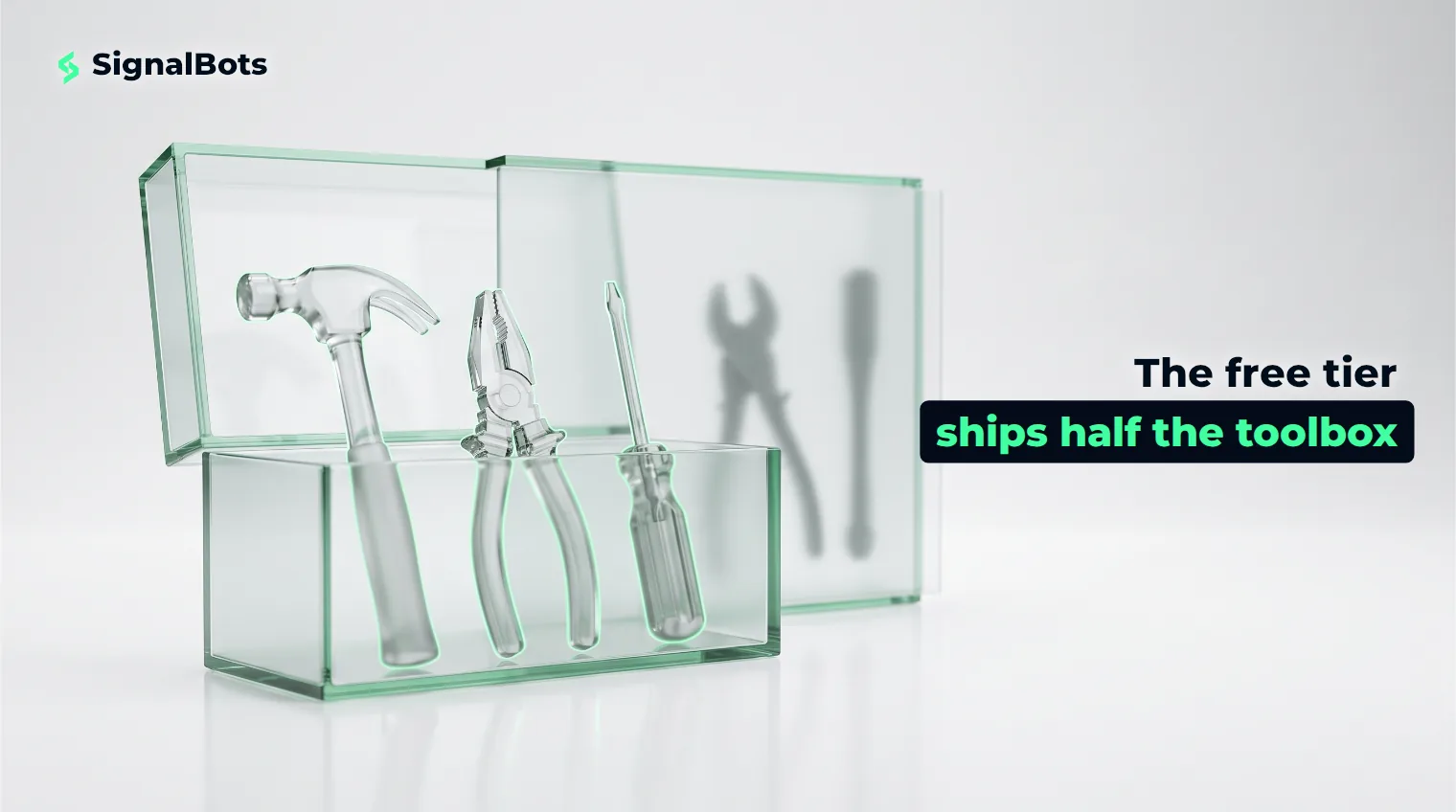 An open glass toolbox with three tools clearly visible and two more hidden behind a frosted glass panel.